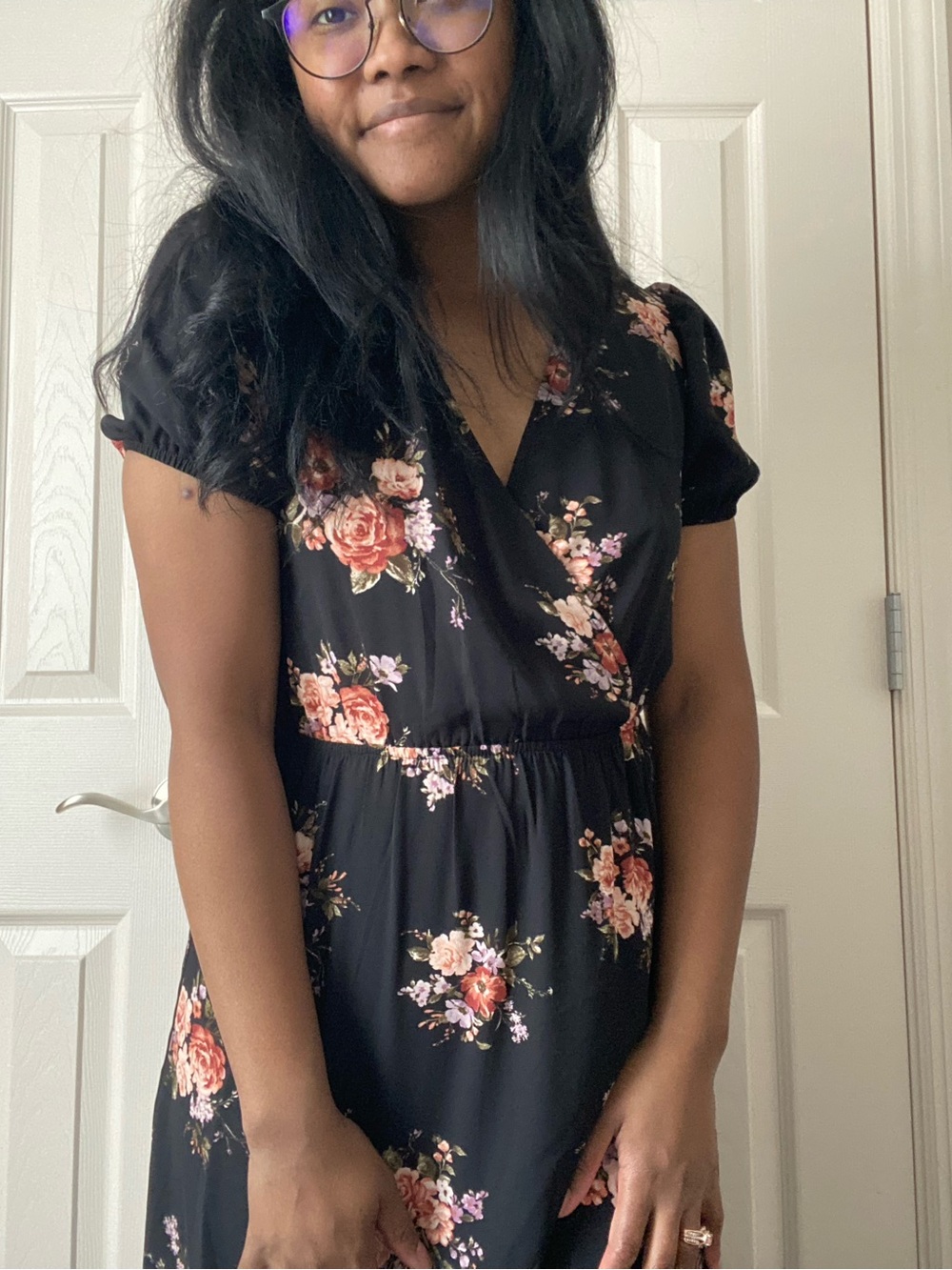 Inspired Hearts Black Floral Wrap Dress with Pink Rose Print